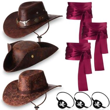 Imagem de Chicingyou Conjunto de 9 peças de chapéu de pirata de Halloween para adultos de couro PU chapéus capitão cinto de cetim máscaras para cosplay, Marrom, tamanho �nico