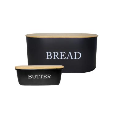 Imagem de Porta Pao Manteigueira Porta Mantimento Pote Aço Preto Bambu