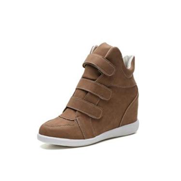 Imagem de Bigfanshu Sapatos femininos de couro de salto alto sem salto anabela moda tênis marca casual botas pretas inverno cano curto, Marrom, 37 BR