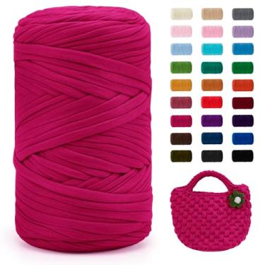 Imagem de JeogYong Fio de camiseta, 400 g/130 metros de tecido elástico para crochê, fita grossa de tecido de poliéster para sacos de crochê/cestas/tapetes, decoração de casa, artesanato DIY (rosa vermelha)