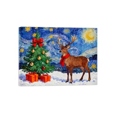 Imagem de Pinturas em tela Natal-Quadros Decoração de Parede-Árvore cervos estrelas-Inverno Paisagens Impressões para Sala de Estar 60x80cm Tela Embrulhada