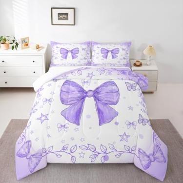 Imagem de jejeloiu Conjunto de edredom com laço, tamanho casal, para crianças, meninos, meninas, colorido, com laço, edredom estilo princesa, decoração de quarto de microfibra, 3 peças com 2 fronhas