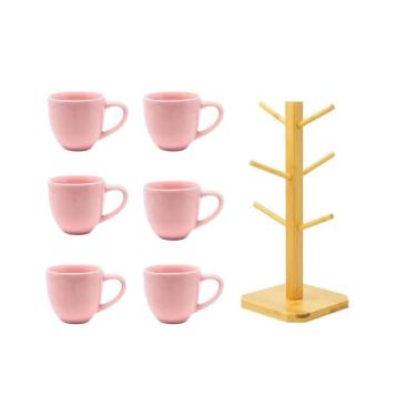 Imagem de Kit 6 Xicaras Ceramica De Cha Rosa 170Ml Com Suporte
