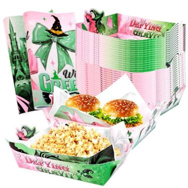 Imagem de Decoração de aniversário da Wicked Party, 50 peças, bandeja de comida de papel e 100 peças de folhas de papel para aniversário rosa e verde ou festa de bruxa, barcos de comida descartáveis dobráveis
