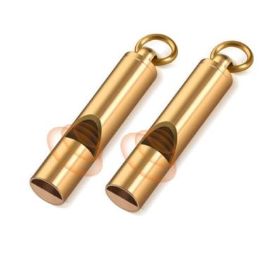 Imagem de Pacote com 2 apitos de emergência de latão com emaranhado - Apito de segurança sem costura Survival Blast para caiaque, colete salva-vidas, passeios de barco, acampamento, caminhadas, caça, adultos