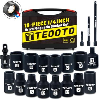 Imagem de TEOOTD Conjunto de soquetes magnéticos de 1/10.2 cm, 19 soquetes de impacto magnético métrico, 4 mm-15 mm, 6 pontos, Cr-Mo, com adaptador, junta universal e extensão