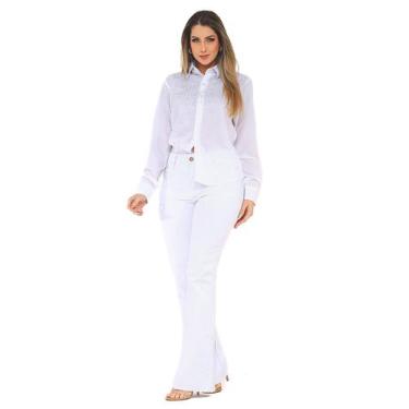 Imagem de Kit Feminino 2 peças - Calça Feminina Flare Sarja Branca e Camisa Soci