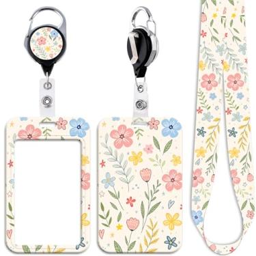 Imagem de Cordão de crachá de identificação de planta fofo para chaves de crachá de identificação, adorável chaveiro retrátil com clipe de carretel de crachá de flores fofas para mulheres, crianças, meninas