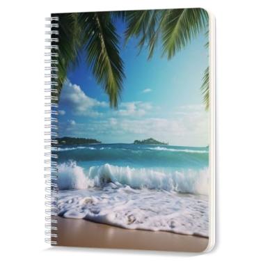 Imagem de Caderno espiral, caderno de diário forrado com espiral duplo para estudo e anotações, 100 páginas, 14,5 x 21 cm - Cenário de praia tropical com palmeiras