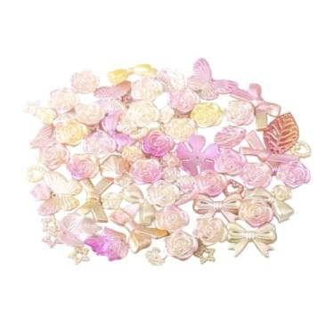 Imagem de MAHAVIMOKSA 50 gramas de cor gradiente aleatória, cores sortidas, pérolas planas, corações, estrelas, flores, arcos, enfeites para decoração de arte de unhas DIY (rosa a amarelo)