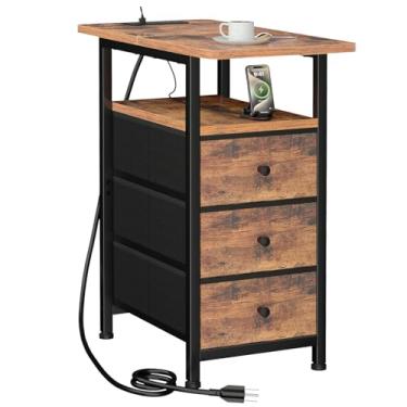Imagem de AMHANCIBLE Mesas de canto para sala de estar com estação de carregamento, mesa lateral estreita com portas USB e tomadas, mesa de cabeceira fina com 3 gavetas de tecido para quarto, espaço pequeno