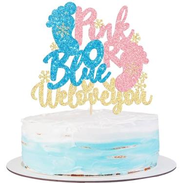 Imagem de Gyufise 1 Pack Pink or Blue We Love You Cake Topper Glitter Winter Gender Reveal Cake Topper Snowflake Gender Reveal Cake Decorations for Winter Baby Shower Christmas Party Decoration