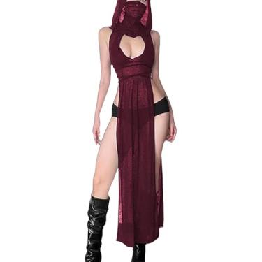 Imagem de LINNSUJH Vestidos góticos para mulheres, vestidos longos, festivais, roupas góticas sensuais, roupas raves, Borgonha, G