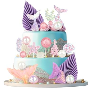 Imagem de Topo de bolo de sereia, decorações de bolo de aniversário de sereia, caudas de sereia, conchas, conjunto de algas marinhas para artigos de festa de aniversário temáticos de sereia sob o mar