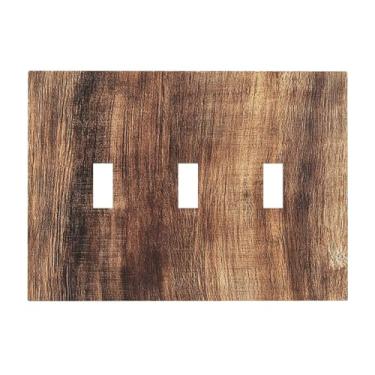 Imagem de Naiqadnehz Placas de interruptor decorativas vintage rústico grão de madeira marrom 3 gang placa de parede triplo interruptor de luz painel frontal painéis de parede elétricos para quarto decoração de