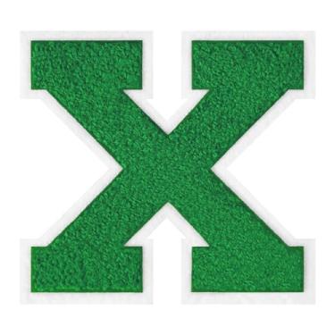 Imagem de 1 peça de patch de letra de chenille verde de 15 cm com borda branca – adesivos do alfabeto para roupas, jaquetas, mochilas, chapéus para decoração personalizada, nome personalizado e artesanato. (X)
