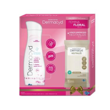 Imagem de Sabonete Liquido Dermacyd Femina Floral 200ml + Lenço Umedecido Dermacyd Neutralize Extra Macio Com 16 Unidades