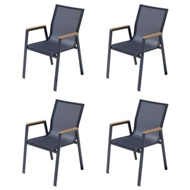 Imagem de Kit 4 Cadeiras Com Braço Empilhável Angra Maresias Fratini Assento Tela Preta Base Alumínio Preto