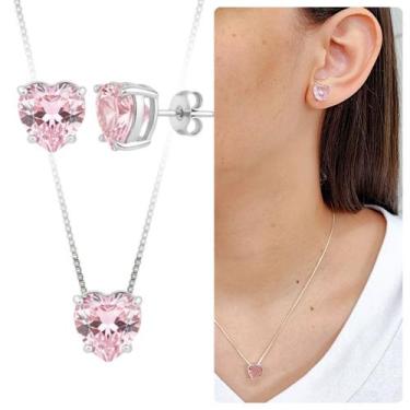 Imagem de Kit Colar e Brinco Prata 925 Coração Rosa Banhado Zircônia - Morganitt