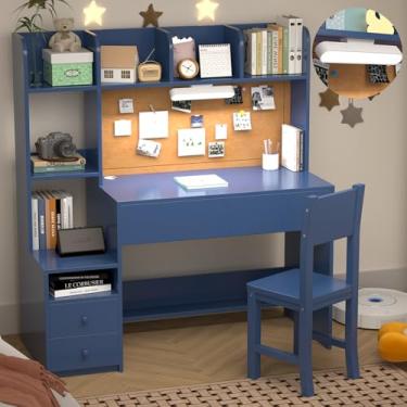 Imagem de RUPOLX Conjunto de mesa e cadeira de estudo infantil azul de madeira, 4 gavetas e armários de armazenamento, mesa infantil com 4 cabanas e prateleiras abertas, mesa de estudo para quarto de criança