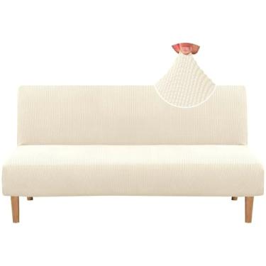 Imagem de H.VERSAILTEX Capa protetora elástica para futon sem braços para sofá-cama com textura rica, alto elastano, tecido jacquard, pequena xadrez, lavável na máquina, porcelana