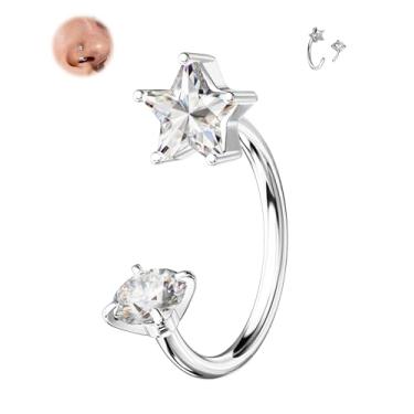 Imagem de Jewseen Piercing de nariz em ferradura estrela 20G 7 mm piercing de nariz sem rosca piercing de nariz de aço cirúrgico 316L para mulheres zircônia cúbica dupla septo lábio daith concha piercing joias