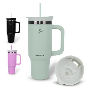 Imagem de Sipraw Copo com alça, copo isolado à prova de vazamento com tampa e canudo, caneca de café de viagem de aço inoxidável, compatível com porta-copos, perfeito para acampamento, viagem e presente, 850 g
