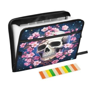 Imagem de CEBUGI Pasta expansível de 13 bolsos, impermeável, sanfonada, organizador de arquivos com etiquetas tamanho A4, organizador de documentos de papel para escola, material de escritório, crânio floral