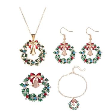 Imagem de Conjunto de joias de Natal para mulheres, grinalda de flores coloridas, laço vermelho, pingente de sino, brincos de guirlanda verde, ouro, prata, broche de sino, pulseira ajustável para presente de