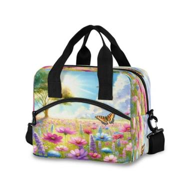 Imagem de Burbuja Sunny Field Of Flowers Lancheira isolada para mulheres e homens, lancheira portátil com alça de ombro removível, lancheira para viagem, piquenique, escritório, trabalho