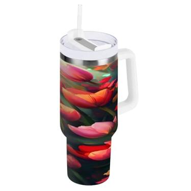 Imagem de STAYTOP Copo de tulipas bonito de 1,134 g com tampa e canudo, copo isolado de aço inoxidável durável à prova de vazamento com alça, garrafas de água à prova de derramamento para viagens