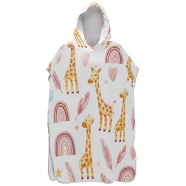 Imagem de Joisal Girafas fofas de desenho animado poncho de surfe branco trocador roupão adulto praia banho com capuz toalhas absorventes de praia ponchos para homens
