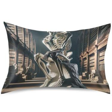 Imagem de Travesseiros de cetim Thinking Skeleton Dark Art Cooling Pillow Slip Standard Queen King Size Cute Print Room Aesthetic, tamanho padrão, 66 cm x 50 cm