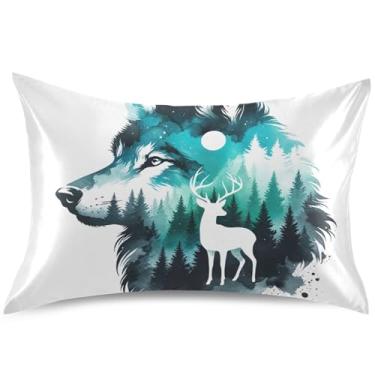 Imagem de Capa de almofada de cetim com estampa animal de veado lobo king queen capa de travesseiro fofa refrescante decoração de quarto estética, tamanho Queen, 76 cm x 50 cm