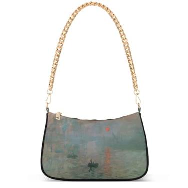 Imagem de Bolsas femininas de inverno com pintura de trem da vila fofas pequenas bolsas femininas bolsas femininas com corrente de ombro bolsas de ombro festa, Pintura de impressão Monet Sunset