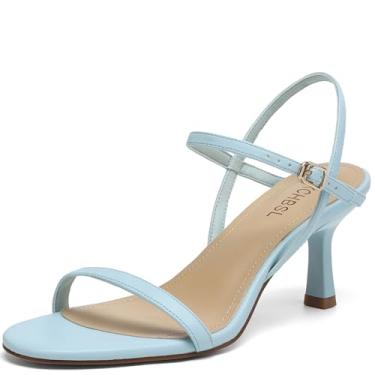 Imagem de SLXCHBSL Sandálias femininas de salto redondo, bico aberto, tiras ajustáveis, tira no tornozelo, sapatos sociais, salto gatinho para festa de casamento, Azul claro, 40