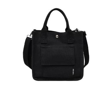Imagem de Sacola de lona de cor sólida com vários bolsos e alça de ombro destacável, bolsa feminina casual de compras, preta