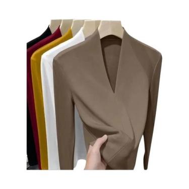 Imagem de Camiseta De Veludo plus Size Feminina De Manga Longa Com Decote Em V, 