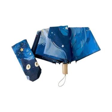 Imagem de Guarda-chuva Dobrável Feminino Azul, Verde E Roxo Com Desenho De Gato,