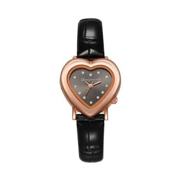 Imagem de Relógio feminino moda strass coração mostrador pulseira de couro relóg