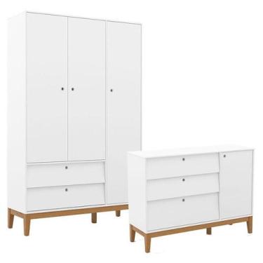 Imagem de Cômoda Sapateira e Guarda Roupa Unique 3 Portas Branco Soft Eco Wood -