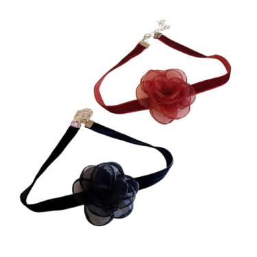 Imagem de Fuqimanman2020 2 peças de renda veludo flor laço coração amor gargantilha boêmia macio preto vermelho flor gravata colar cravat casamento baile festa joias para mulheres meninas, Metal, Sem Pedra
