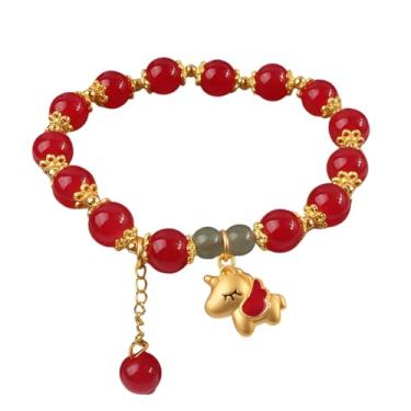 Imagem de Fuqimanman2020 Pulseira de cavalo de ano novo chinês de 2026 Fengshui com contas vermelhas boa sorte pulseira de ouro com pingente de cavalo, Medium, Zinco, Sem Pedra Preciosa