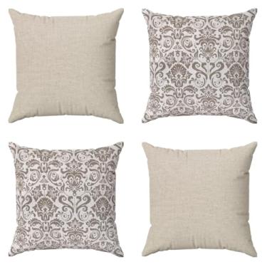 Imagem de Kit 4 Capas de Almofadas 45x45 Jacquard Medalhão Bege Cru – Sofá, Cama e Poltrona, Zíper Invisível(Medalhão)