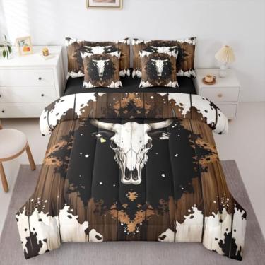 Imagem de Feelyou Conjunto de edredom de cabeça de vaca ocidental com 7 peças, Queen, marrom, caubói selvagem, para crianças, meninos, meninas, decoração de quarto, microfibra leve e macia
