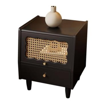 Imagem de Simple Modern Wood Bedside Tables, Glass/rattan Doors, Double Drawer Storage Design, Thickened Cabinet Legs, Countertop Side Panels, Suitable for Bedrooms(F)