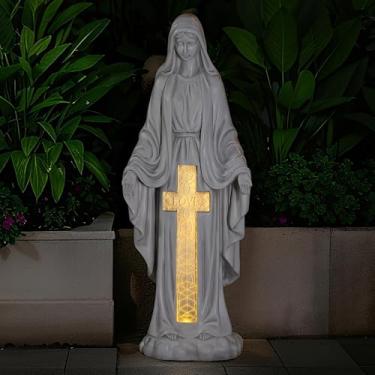 Imagem de VChymm Estátua da Virgem Maria movida a energia solar de 71 cm - Decoração de jardim religioso ao ar livre com luzes LED, escultura de óxido de magnésio resistente às intempéries para quintal, pátio