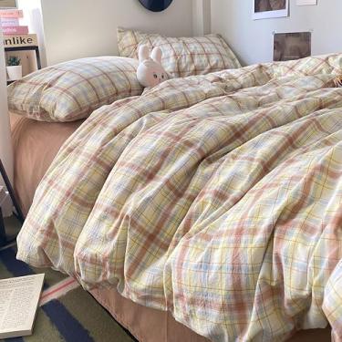 Imagem de EAVD Conjunto de capa de edredom xadrez buffalo, 3 peças, vintage, com grade azul, amarelo, rosa, macio, 100% algodão lavado, jogo de cama xadrez com 2 fronhas, capa de edredom guingão moderna com
