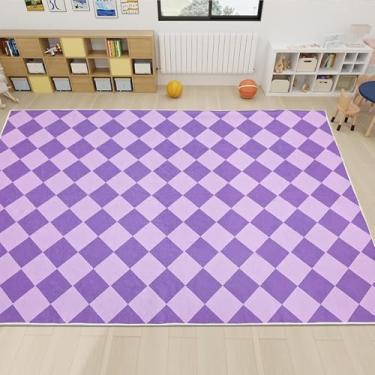 Imagem de USTIDE Tapete xadrez roxo 1,2 x 1,8 m lavável à máquina, roxo claro, tapete quadriculado para corredor, quarto, meninas, quarto de bebê, decoração