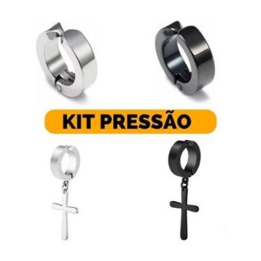 Imagem de Kit Brinco Pressão Argola Fake Preto Prata Masculino Aço Inoxidável 4pçs-Unissex